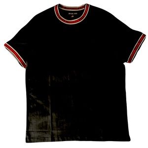 Micheal Kors Black t shirt with red black and white on the neck and sleeves